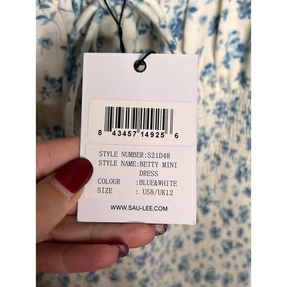 SAU LEE Betty Linen Blend Smocked Floral Mini Dress Blue/White Women's Size 8 - Picture 10 of 10
